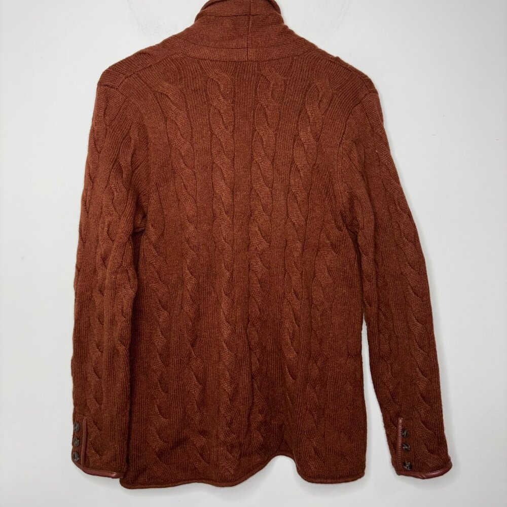 Talbots Wool Blend Cable Knit Cardigan Sweater M Brown Faux Leather Trim - Picture 7 of 14
